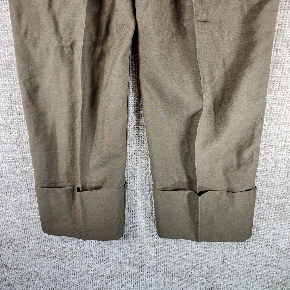 ZARA Straight Leg Pull On Wide Cuff Pants Womens M Green Linen Look Office NWT